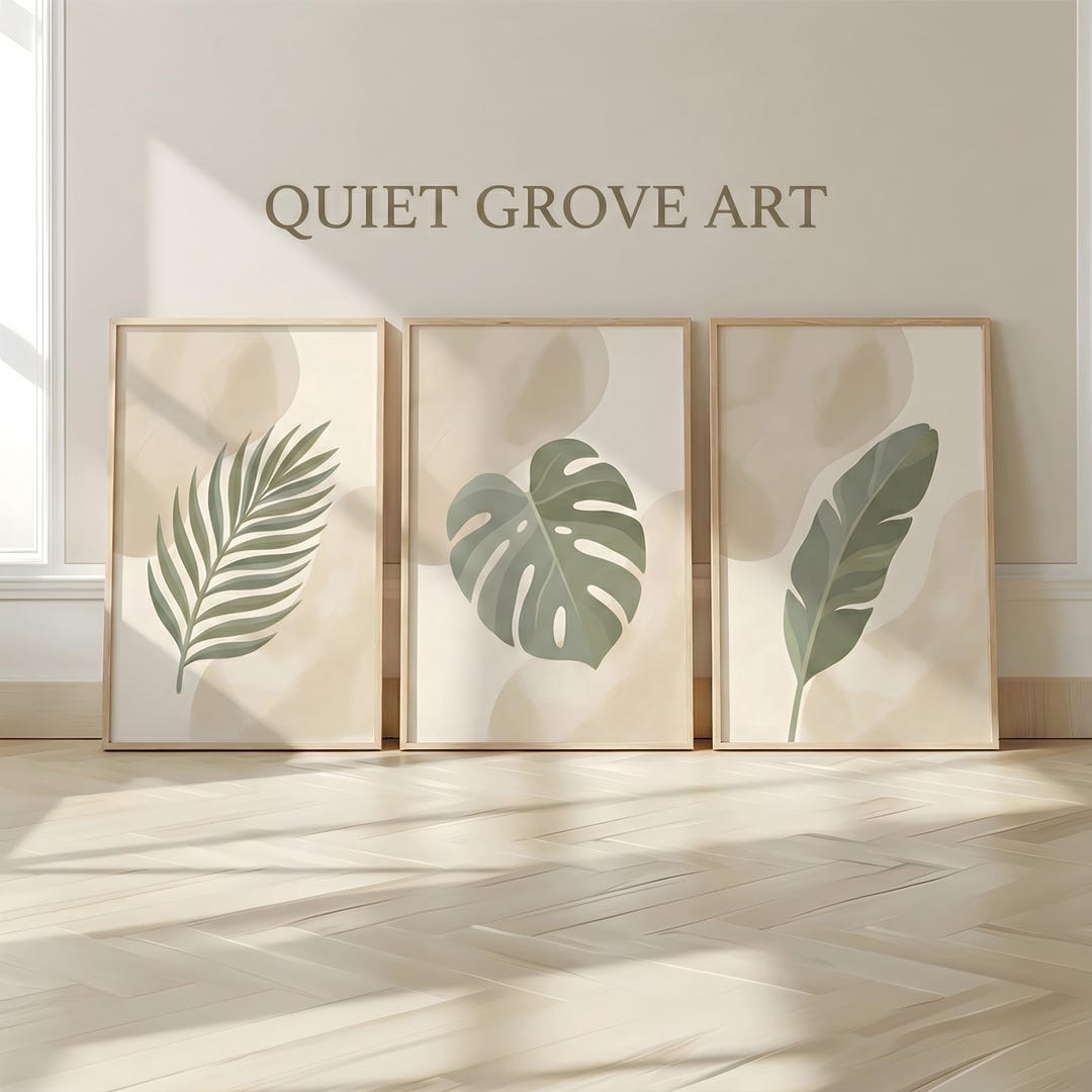 Botanical Leaf Printable Wall Art Set of 3, Boho Green Leaves Digital ...
