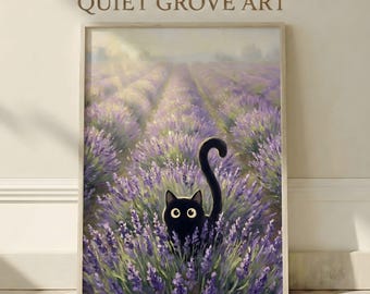 Monet-Inspired Black Cat Lavender Field Printable Wall Art, Purple Provence Landscape Impressionist Poster for Living Room, Digital Download