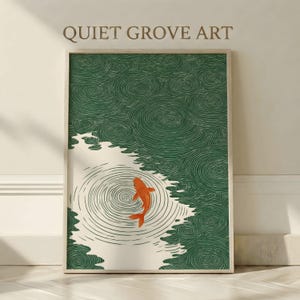 Emerald Green Koi Fish Printable Wall Art, Minimalist Pond Poster, Japanese Zen Decor for Living Room or Office