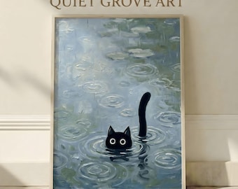 Arte de pared imprimible con un gato negro en un estanque lluvioso inspirado en Monet. Póster de ondas de agua impresionistas para dormitorio y baño. Descarga digital.