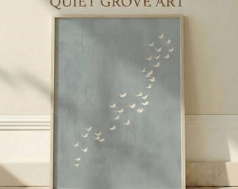Arte de pared imprimible de grullas minimalistas, póster de bandada de cielo azul brumoso, decoración escandinava japonesa y tranquila para dormitorio, oficina o sala de estar.