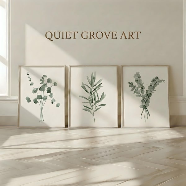 Set of 3 Watercolor Botanical Prints, Olive Eucalyptus Wall Art Bundle, Green Minimalist Scandi Boho Decor Printable