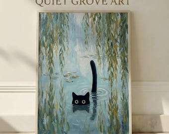 Arte de pared imprimible con un estanque de gatos negros inspirado en Monet. Póster botánico impresionista con reflejos de sauce para dormitorio u oficina. Descarga digital.