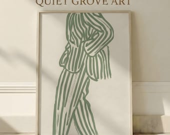 Arte de pared imprimible con figuras abstractas minimalistas en verde salvia: póster de arte lineal moderno, decoración tranquila y acogedora para sala de estar, dormitorio y oficina.