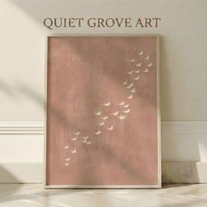 Minimalist Cranes Printable Wall Art, Blush Peach Sky Flock Poster, Boho Japandi Scandinavian Neutral Decor for Bedroom or Nursery