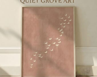 Minimalist Cranes Printable Wall Art, Blush Peach Sky Flock Poster, Boho Japandi Scandinavian Neutral Decor for Bedroom or Nursery