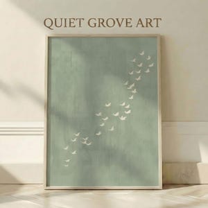 Minimalist Cranes Printable Wall Art, Sage Green Sky Flock Poster, Japandi Scandinavian Earthy Calm Decor for Bedroom or Entryway