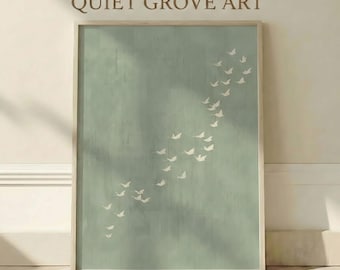 Arte de pared imprimible de grullas minimalistas, póster de cielo verde salvia, decoración japonesa, escandinava, terrosa y tranquila para dormitorio o entrada.