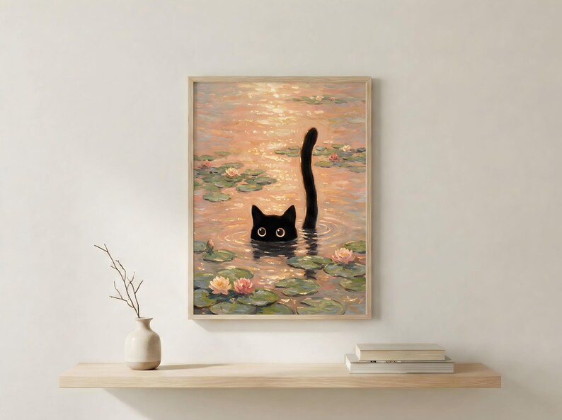 Puede incluir: Impresi&oacute;n art&iacute;stica enmarcada que representa un gato negro en un estanque con nen&uacute;fares y flores. La cabeza y la cola del gato son visibles sobre el agua. La obra de arte tiene un estilo suave e impresionista con tonos c&aacute;lidos y dorados.