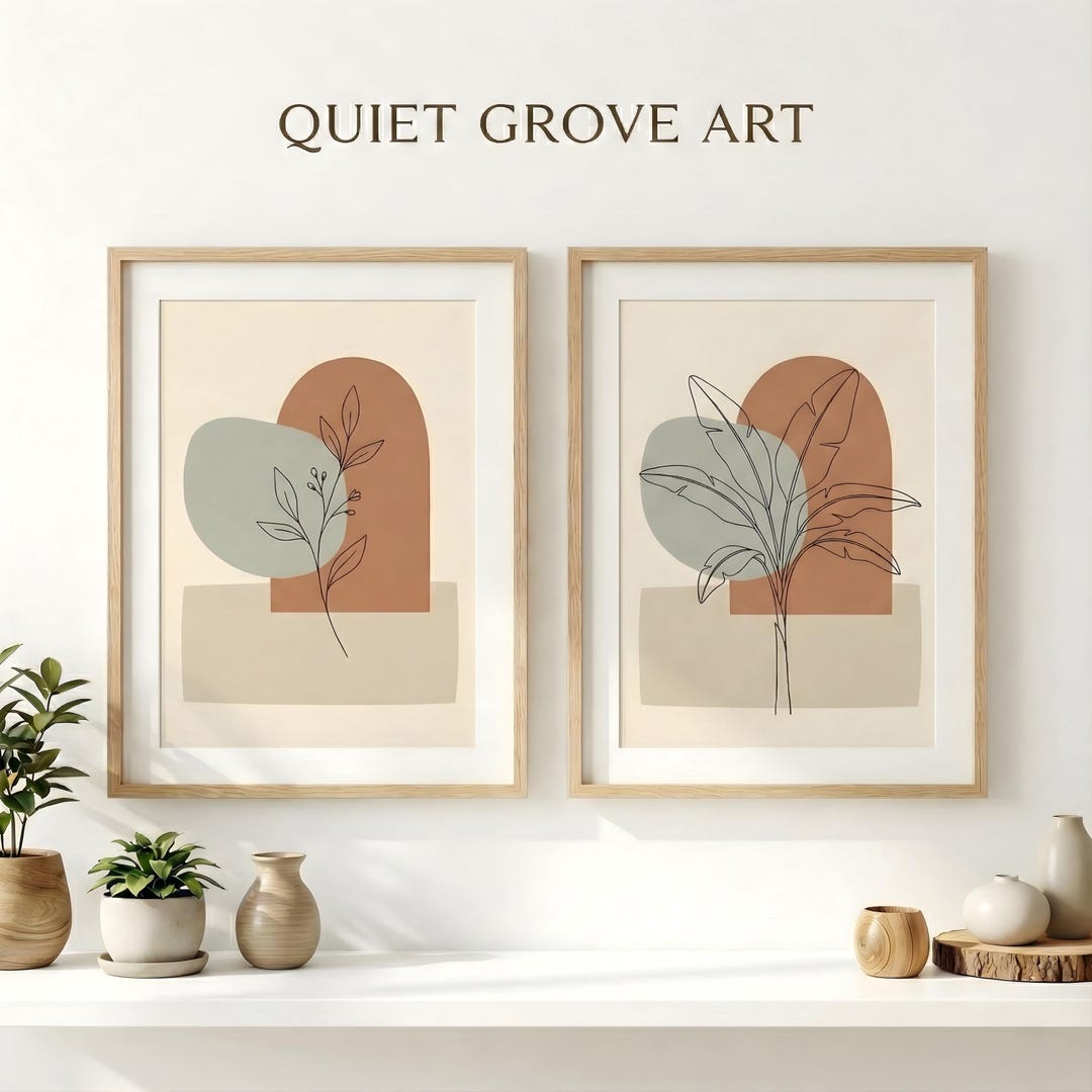 Boho Botanical Line Art Printable Wall Art Set of 2, Terracotta Sage ...