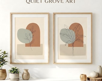 Boho Botanical Line Art Printable Wall Art Set of 2, Terracotta Sage Green Digital Prints for Modern Living Room Decor