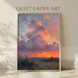 May include: A framed landscape painting featuring a vibrant sunset with a dramatic sky of orange, purple, and blue hues. The foreground depicts a field with red flowers and dark green foliage. The text "QUIET GROVE ART" is at the top.