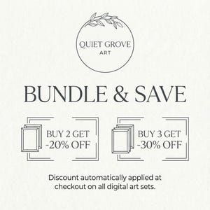 Puede incluir: Gr&aacute;fico promocional para conjuntos de arte digital. Presenta el texto "BUNDLE & SAVE" con ofertas: Compra 2 y obt&eacute;n -20% de descuento y Compra 3 y obt&eacute;n -30% de descuento. El logotipo de Quiet Grove Art est&aacute; en la parte superior.