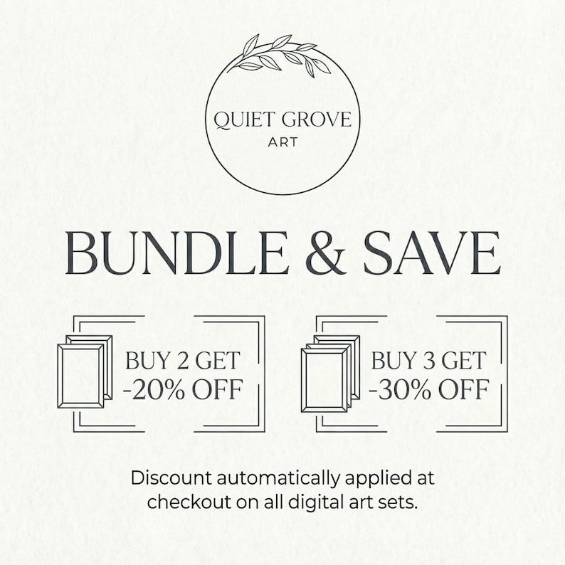 Puede incluir: Gr&aacute;fico promocional para conjuntos de arte digital. Presenta el texto "BUNDLE & SAVE" con ofertas: Compra 2 y obt&eacute;n -20% de descuento y Compra 3 y obt&eacute;n -30% de descuento. El logotipo de Quiet Grove Art est&aacute; en la parte superior.