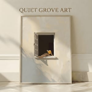 Puede incluir: Impresión artística enmarcada que representa a una persona leyendo un libro amarillo en una ventana. La obra de arte está situada contra una pared beige con el texto "QUIET GROVE ART" en la parte superior. La ventana abierta y la escena están bañadas por una luz suave.