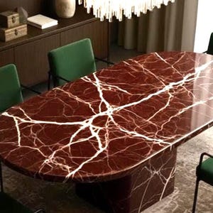 Handmade Rosso Levanto Marble Oval Dining Table, High-Gloss Finish