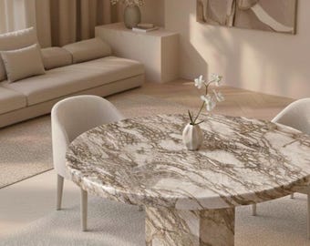 Mesa de comedor redonda de mármol de lujo: pedestal de piedra veteada en marrón natural y crema. Muebles de comedor redondos de mármol hechos a mano.