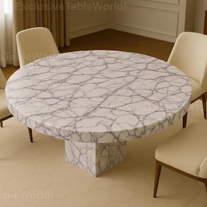 Luxury Round White Marble Dining Table with Purple Veins | Sculptural Pedestal Base | Modern Stone Handcrafted Round Marble Dining Table