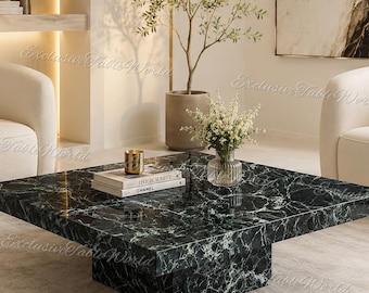 Luxury Green Spider Marble Coffee Table, Square Stone Center Table, Modern Plinth Coffee Table, Emerald Marble Living Room Furniture