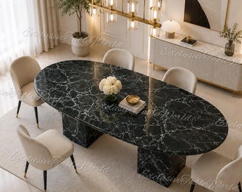 Luxury Oval Green Marble Dining Table, Modern Stone Kitchen Table, Custom Quartzite Meeting Table, Pedestal Base Dining Room modern  Decor