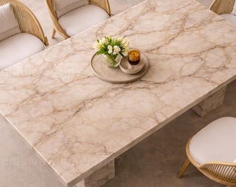 Mesa de comedor de lujo de mármol crema: tablero rectangular de piedra natural con acabado artesanal de mármol crema / Mesa de comedor moderna de piedra de lujo