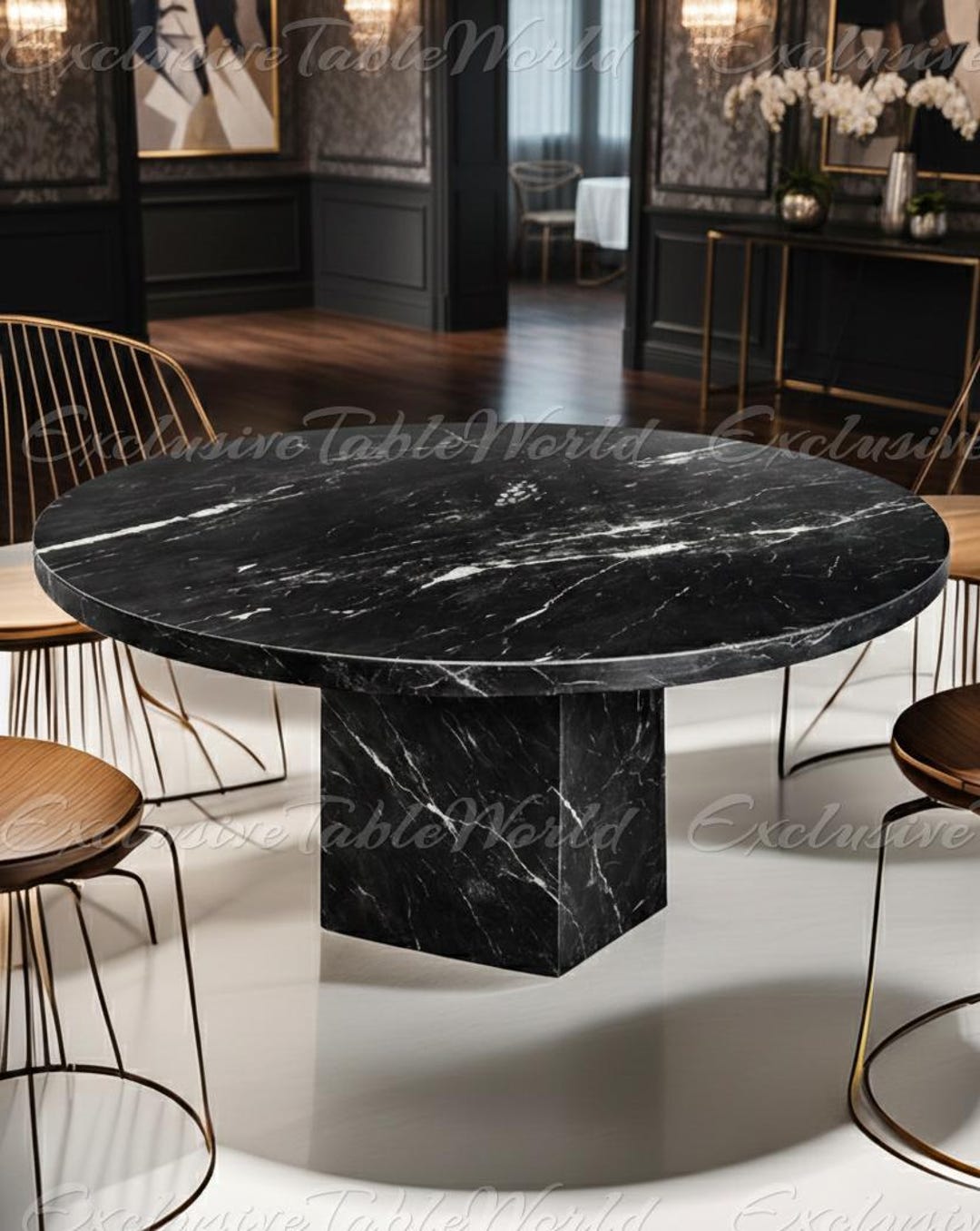 Luxury Round Black Marble Dining Table Modern Pedestal Stone Table ...