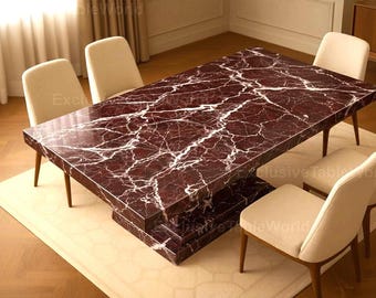 Luxury Rosso Levanto Marble Dining Table – Deep Red Natural Stone Table with White Veining Handcrafted Red Marble  Stone Statement Furniture