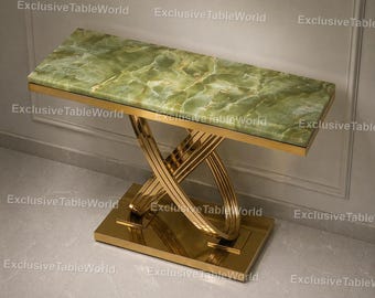 Green Onyx Console Table with Gold Metal Base | Luxury Entryway Table | Modern Glam Furniture Elegant Green Marble Top Console Table