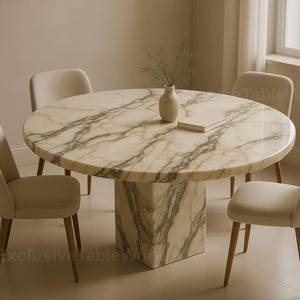 Round Cream Marble Dining Table, Modern Pedestal Base