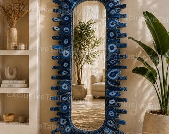 Espejo de pared escultural de ágata azul – Espejo decorativo moderno de estilo bohemio para el hogar – Espejo arqueado grande con marco de piedra azul