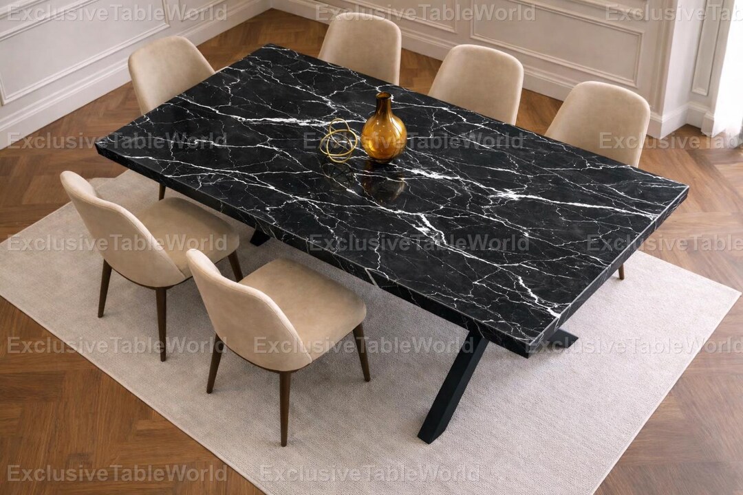 Luxury Black Marble Dining Table Rectangular Marble Table With White ...