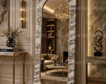 Luxury Marble Floor Mirror, Gold Arch Full Length Mirror, Modern Glam Wall Decor, Statement Mirror  Living Room Elegant Marble Framed Mirror