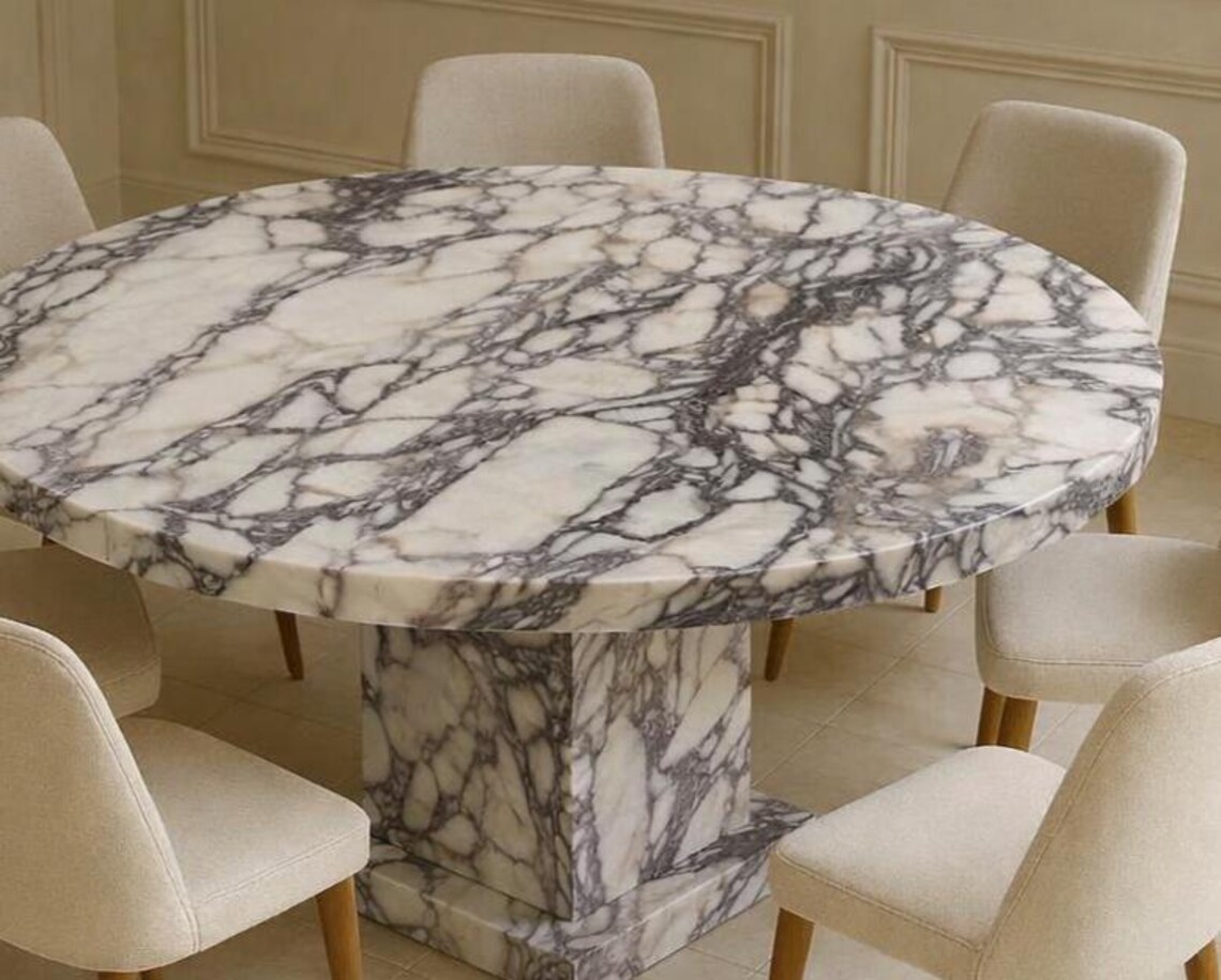 Luxury Round Marble Dining Table Handcrafted White Marble Dramatic Grey ...