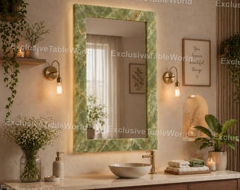Green Marble Bathroom Mirror, Modern Vanity Wall Mirror, Luxury Stone Frame Decor Green Onyx Framed Mirror, Elegant Bathroom Vanity Mirror,
