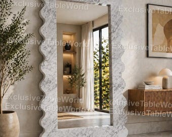 Luxury Scalloped Marble Floor Mirror, Handcrafted Wavy Edge Mirror Modern Statement Wall Mirror White Marble Decor Large Marble Frame Mirror