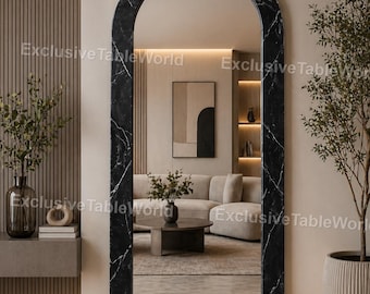 Modern Arched Floor Mirror, Black Marble Frame Mirror Luxury Full Length Mirror, Minimalist Home Decor Arch Wall MirrorBlack Marble Finish,