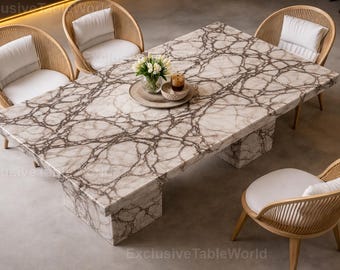 Mesa de comedor rectangular de mármol de lujo, mármol crema natural con vetas marrones dramáticas, mesa de comedor moderna y llamativa, mesa de comedor de mármol hecha a mano.