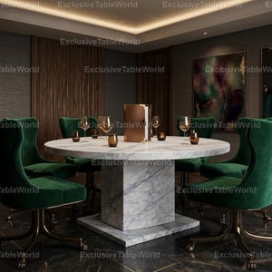 May include: An opulent dining set with a circular marble table on a square base, complemented by six emerald green velvet chairs with gold-coloured metal legs. Wine glasses and decorative items are arranged on the table, creating an elegant atmosphere.
