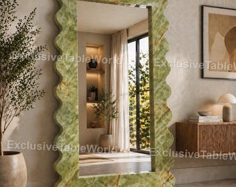 Green Onyx Wavy Edge Floor Mirror Organic Sculptural Full Length Mirror, Luxury Home Decor Statement Green Stone  Modern Organic Wall Decor