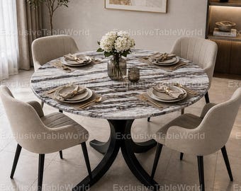 Luxury Marble Round Dining Table Elegant Marble Coffee Table Round Natural Stone Round Dining Table | Grey Veined Marble Top