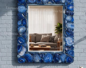 Blue Agate Mirror Frame, Handmade Gemstone Wall Mirror, Luxury Crystal Home Decor Natural Agate Stone Mirror, Blue Geode Frame,Wall Decor,