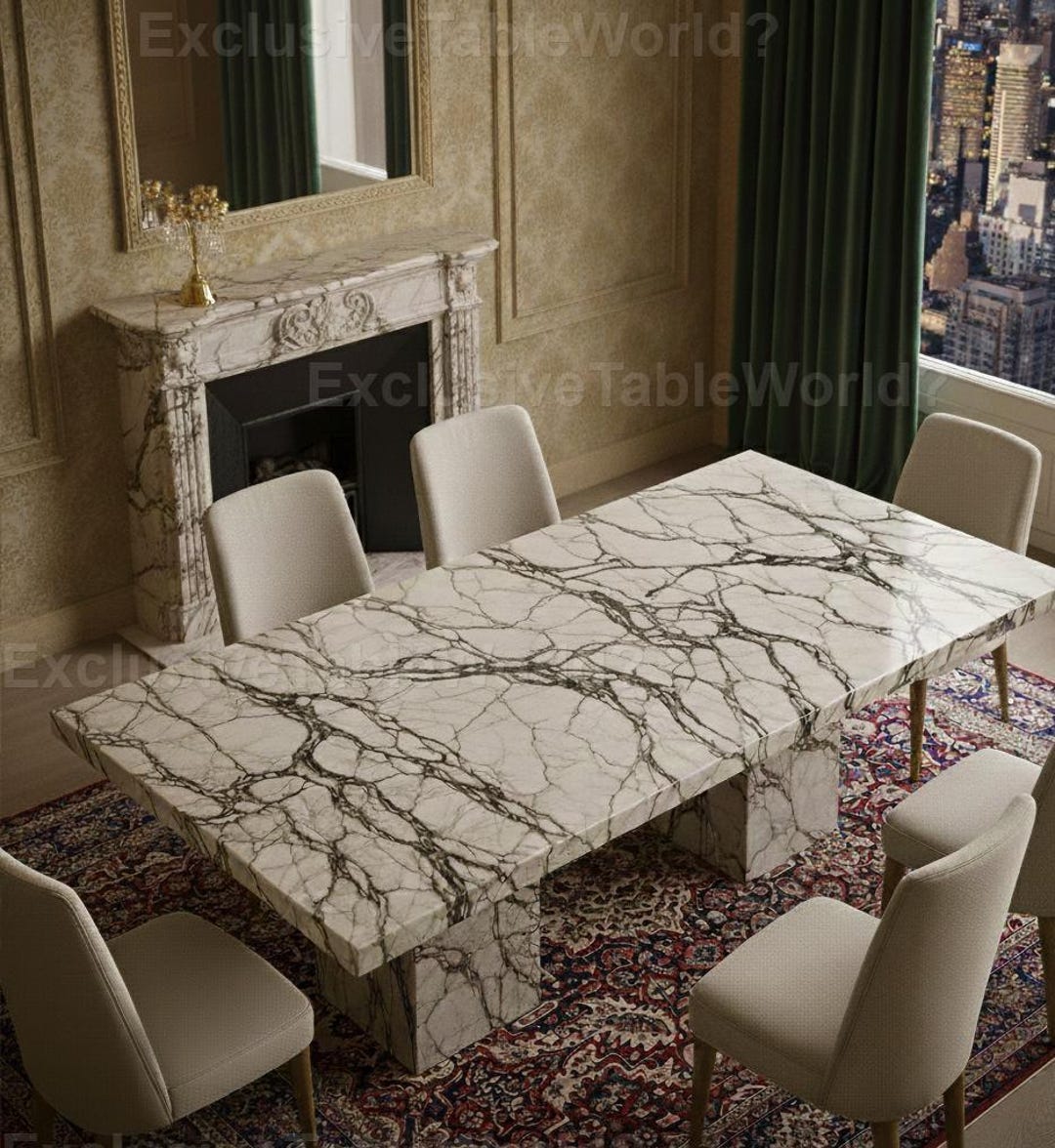 Luxury White Marble Dining Table With Bold Black Veining | Modern ...