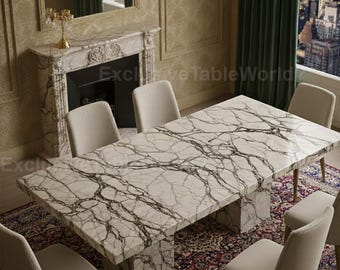 Mesa de comedor de lujo de mármol blanco con vetas negras audaces / Mesa de comedor moderna de piedra escultural hecha a mano, rectangular, de mármol