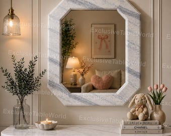 Espejo de pared con marco de mármol, elegante espejo de tocador decorativo, estética femenina y acogedora para la habitación, espejo octogonal de mármol con estilo chic para el dormitorio.