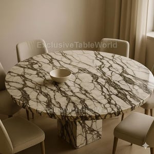Handmade Calacatta Viola Marble Dining Table, Modern Pedestal Base