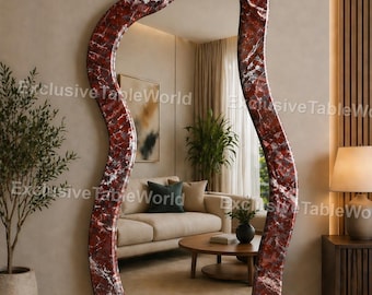 Organic Wavy Full Length Mirror Red Marble Statement Mirror Modern Sculptural Wall Decor Abstract Irregular Floor Luxury Red Marble Mirror