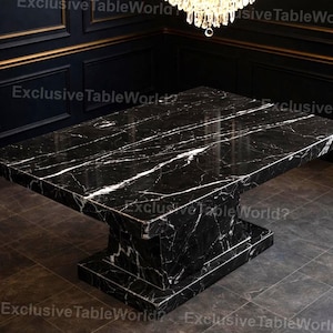 May include: A black marble dining table with white veining. The table has a rectangular top and a pedestal base. The room has dark walls and a chandelier. The table's dimensions are not visible.