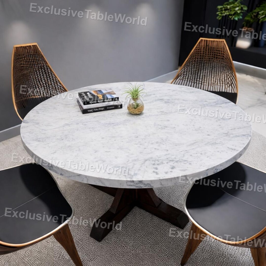 Modern Round Marble Dining Table – White Natural Stone Table With Grey ...