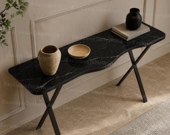 Mesa consola de mármol negro, mesa de entrada moderna, decoración de pasillo de lujo, mesa de sofá contemporánea, mesa consola de mármol negro de lujo,