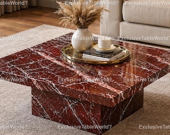 Red Marble Coffee Table Decor, Luxury Living Room Centerpiece, Modern Stone Table Styling, Elegant Home Decor Burgundy Marble Coffee Table,